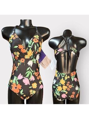 P161 Modcloth NEW OOAK Small One-Piece Swimsuit CutOut Open Black Floral Auction
